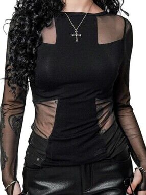 Forest Ink Divinity Top Black Long Sleeve Mesh Goth Emo Punk Cross Clubwear